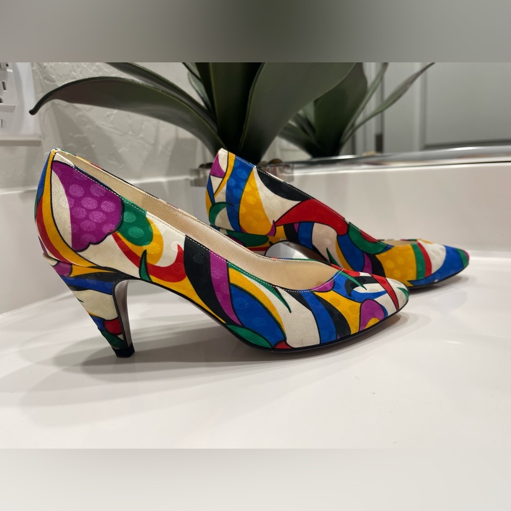 VTG 80s Silk Abstract Heels Pumps women 6 1/2 maximalist retro party